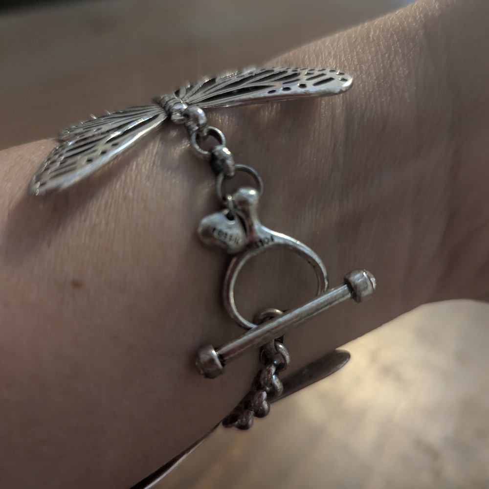 Fossil Stamped Silver Butterfly Bracelet, Toggle Clasp - Picture 2 of 5